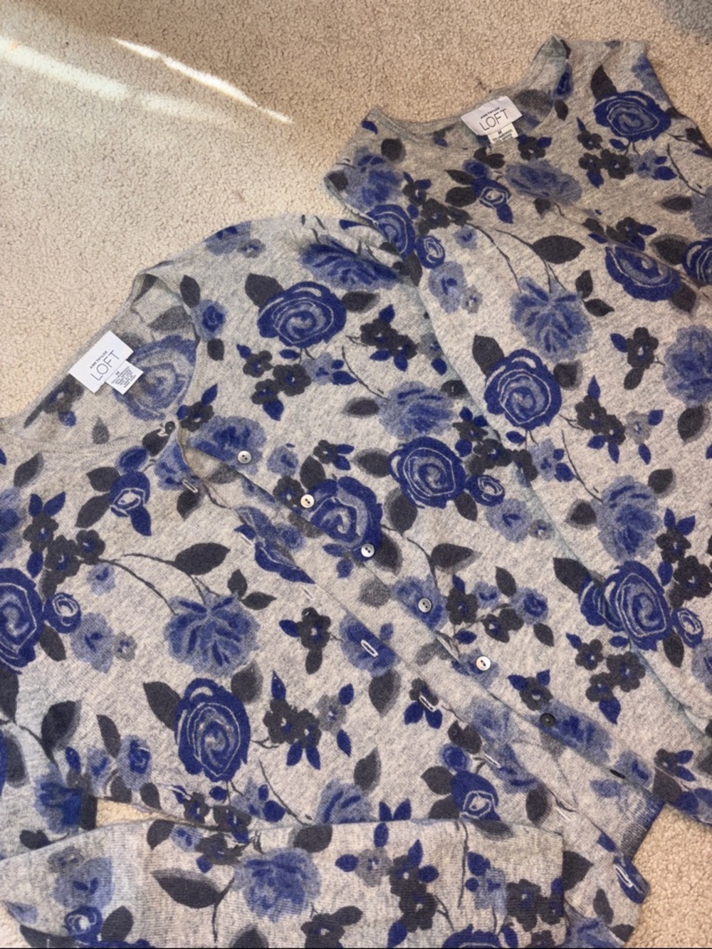 Ann Taylor Gray Cardigan and Undershirt with Blue Floral Print (Two-Piece Set)